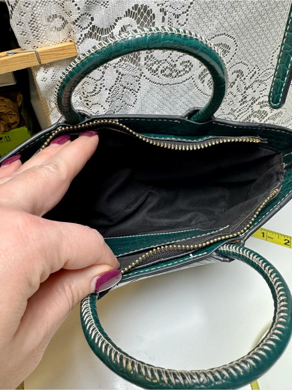 Green Croc-Embossed Mini Crossbody Bag. Whipstitch Handles- 9” Handbag